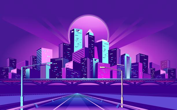 Night Neon City Night neon city, bridge going to skyscrapers, road inland with , vector horizontal illustration point of view illustrations stock illustrations