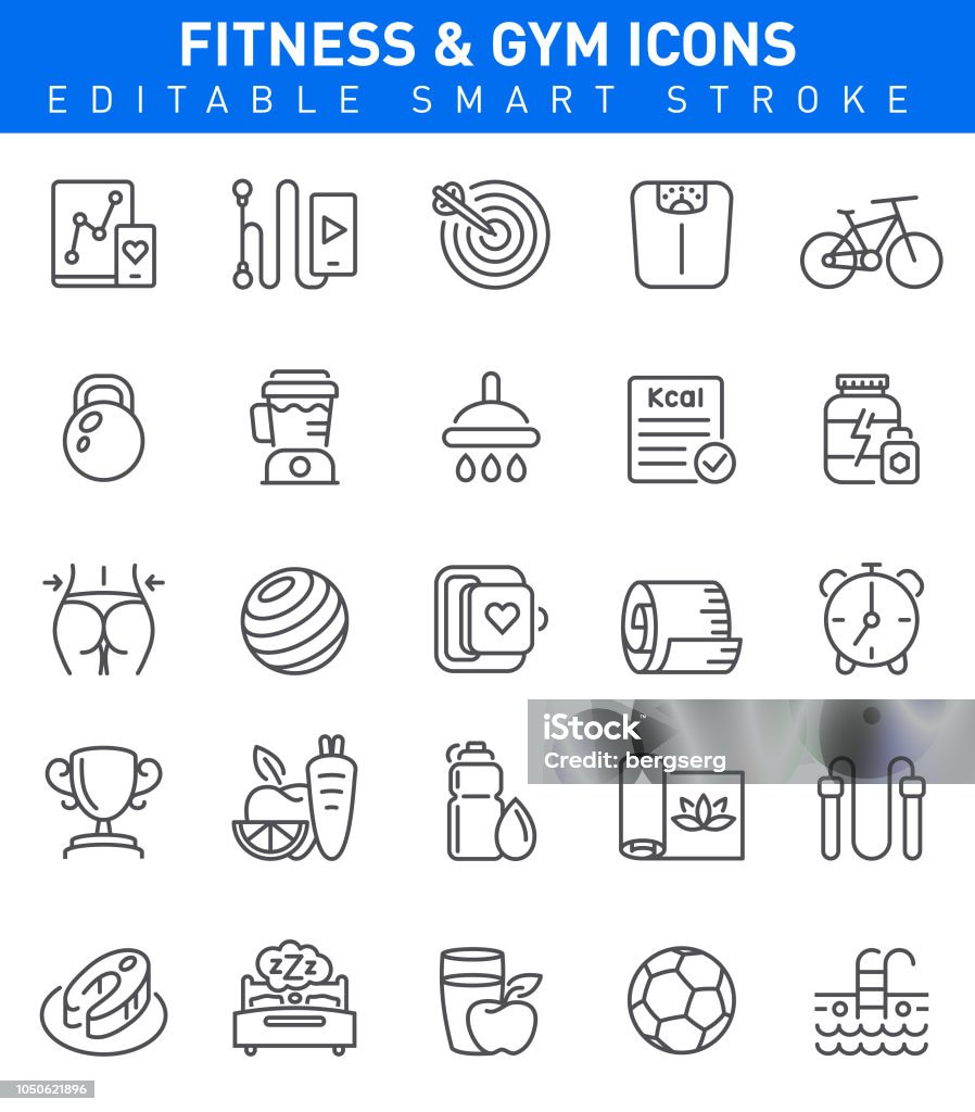 Fitness and Gym Icons. Editable stroke Healthy Lifestyle Concept with fitness, dieting, yoga, sport symbols Icon Symbol stock vector