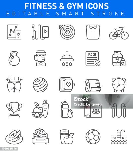 Fitness And Gym Icons Editable Stroke Stock Illustration - Download Image Now - Icon Symbol, Wellbeing, Healthy Lifestyle