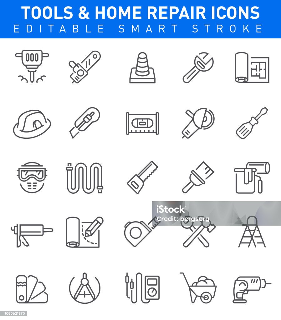 Home Repair Icons. Editable stroke Working tools and Home Repair icons with hammer, chainsaw, paintbrush symbols Icon Symbol stock vector