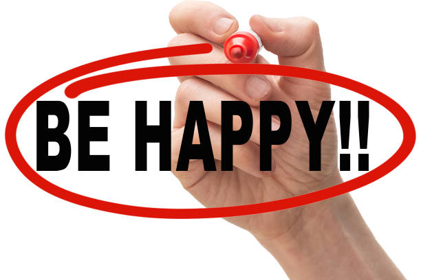 istock Hand drawing a red circle around the text be happy. 1050633544