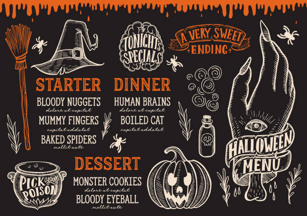 Halloween food menu on a chalkboard. Halloween menu with holiday elements on a blackboard vector illustration brochure for witch, costumes, horror food party. Design template with vintage lettering and hand-drawn graphic, pumpkin, zombie hand and pot. drawings of zombies stock illustrations