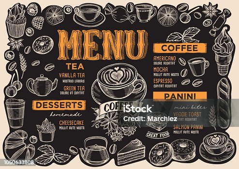 istock Coffee drink menu for restaurant with frame of hand-drawn fruits. 1050633808