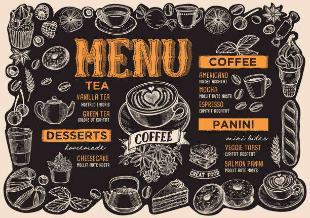 Coffee drink menu for restaurant with frame of hand-drawn fruits. Coffee menu template for restaurant on a blackboard background vector illustration brochure for food and drink cafe. Layout with vintage lettering and frame of hand-drawn graphic fruits and sweets. bread borders stock illustrations