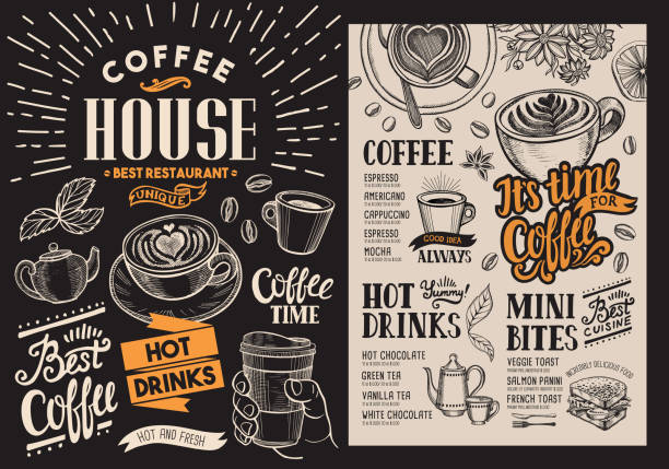 stockillustraties, clipart, cartoons en iconen met het menu van het restaurant van de koffie. vector drank flyer voor bar en café. schoolbord ontwerpsjabloon met vintage handgetekende voedsel illustraties. - cafe