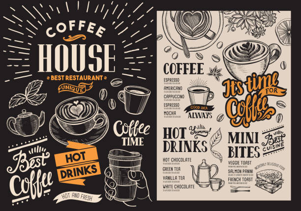 Coffee restaurant menu. Vector beverage flyer for bar and cafe. Blackboard design template with vintage hand-drawn food illustrations. Coffee restaurant menu. Vector beverage flyer for bar and cafe. Blackboard design template with vintage hand-drawn food illustrations. cafe illustrations stock illustrations