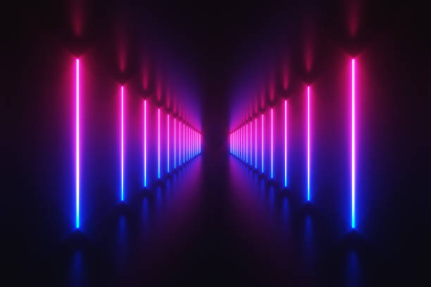 futuristische sci-fi abstrakte blau und lila neonlicht formen auf schwarzen hintergrund und reflektierenden boden mit leeren platz für text rendering 3d-illustration - tunnel stock-grafiken, -clipart, -cartoons und -symbole