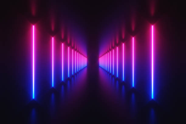 ilustrações, clipart, desenhos animados e ícones de chão de sci-fi abstrato azul e roxo neon luz formas em preto fundo e reflexivo futurista com espaço para texto vazio ilustração de renderização 3d - túnel