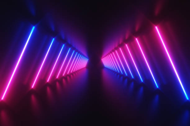 istock Futuristic Sci-Fi Abstract Blue And Purple Neon Light Shapes On Black Background And Reflective floor With Empty Space For Text 3D Rendering Illustration 1050634392