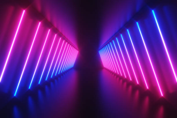 istock Futuristic Sci-Fi Abstract Blue And Purple Neon Light Shapes On Black Background And Reflective floor With Empty Space For Text 3D Rendering Illustration 1050634516