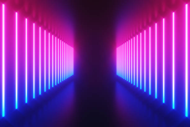 istock Futuristic Sci-Fi Abstract Blue And Purple Neon Light Shapes On Black Background And Reflective floor With Empty Space For Text 3D Rendering Illustration 1050634528