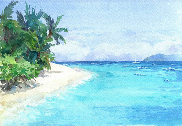 Blue lagoon beach. Blue lagoon beach with palms and white sand. Watercolor hand drawn illustration. tropical beach and clouds scene stock illustrations