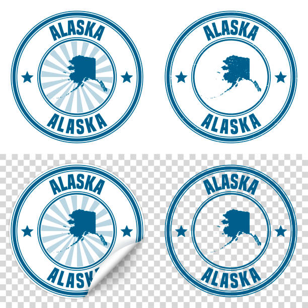 Alaska - Blue sticker and stamp with name and map Map of Alaska on a blue sticker and a blue rubber stamp. They are composed of the map in the middle with the names around, separated by stars. The stamp at the top right is created in a vintage style, a grunge texture is added to create a vintage and realistic effect. Vector Illustration (EPS10, well layered and grouped). Easy to edit, manipulate, resize or colorize. Please do not hesitate to contact me if you have any questions, or need to customise the illustration. http://www.istockphoto.com/portfolio/bgblue alaska us state stock illustrations