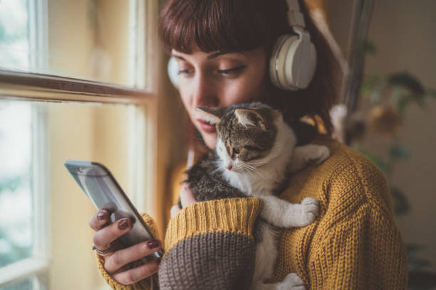 Cozy home Woman at home listening to music and cuddle her cat pet owner photos stock pictures, royalty-free photos & images