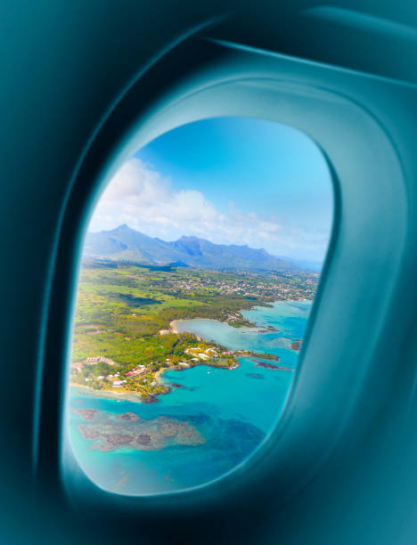 Mauritius island seen from airplane window