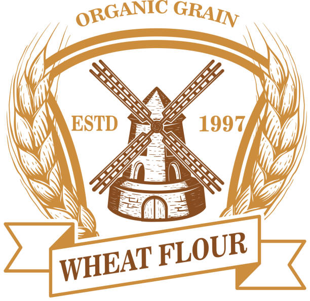 Wheat flour label template with wind mill. Design element for emblem, sign, poster, t shirt. Wheat flour label template with wind mill. Design element for emblem, sign, poster, t shirt. Vector illustration flour label designs stock illustrations