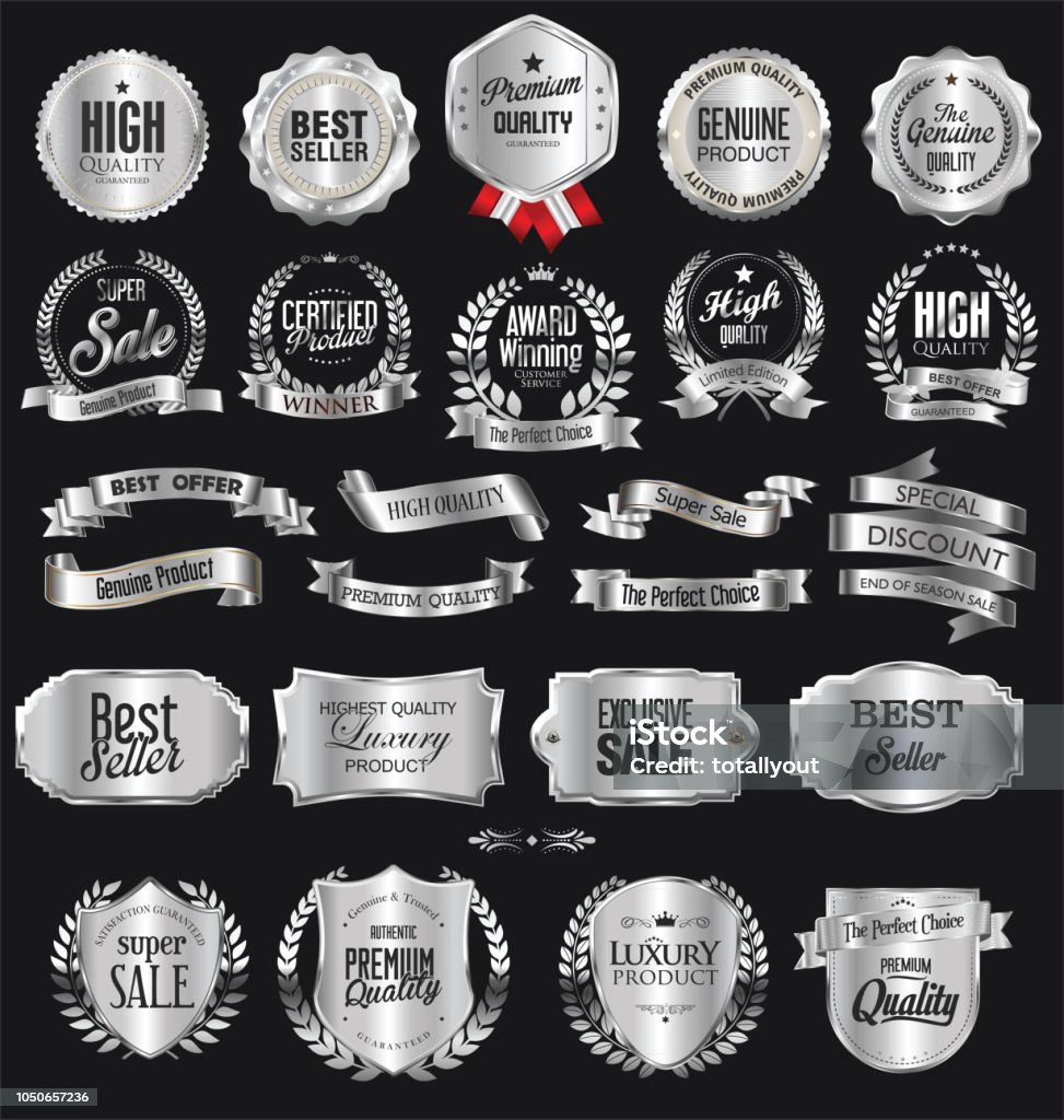 Collezione di badge in argento ed etichette design retrò - arte vettoriale royalty-free di Argentato