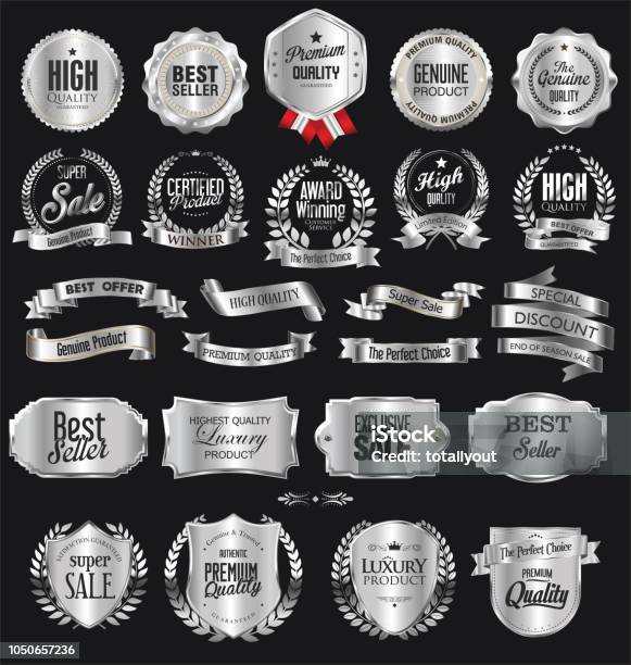 Collezione Di Badge In Argento Ed Etichette Design Retrò - Immagini vettoriali stock e altre immagini di Argentato