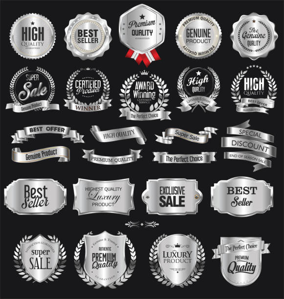 ilustrações de stock, clip art, desenhos animados e ícones de collection of silver badges and labels retro design - chrome insignia sign gear