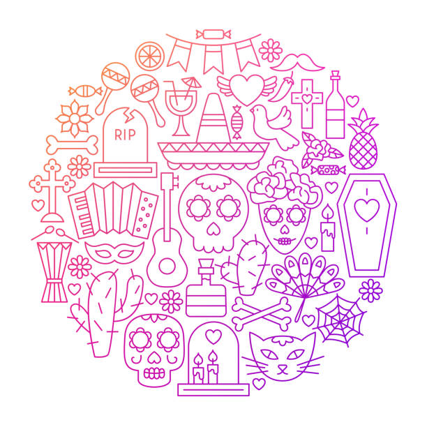 illustrazioni stock, clip art, cartoni animati e icone di tendenza di day of the dead line icon circle design - day of the dead skull tattoo mexico