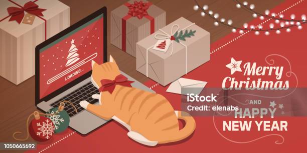 Cat Watching Christmas App Loading On The Laptop Stock Illustration - Download Image Now - Christmas, Domestic Cat, Christmas Card