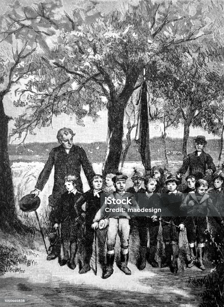 Group of young school-age boys make a nature excursion with teachers - 1888 Field Trip stock illustration