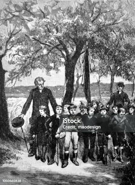 Group Of Young Schoolage Boys Make A Nature Excursion With Teachers 1888 Stock Illustration - Download Image Now