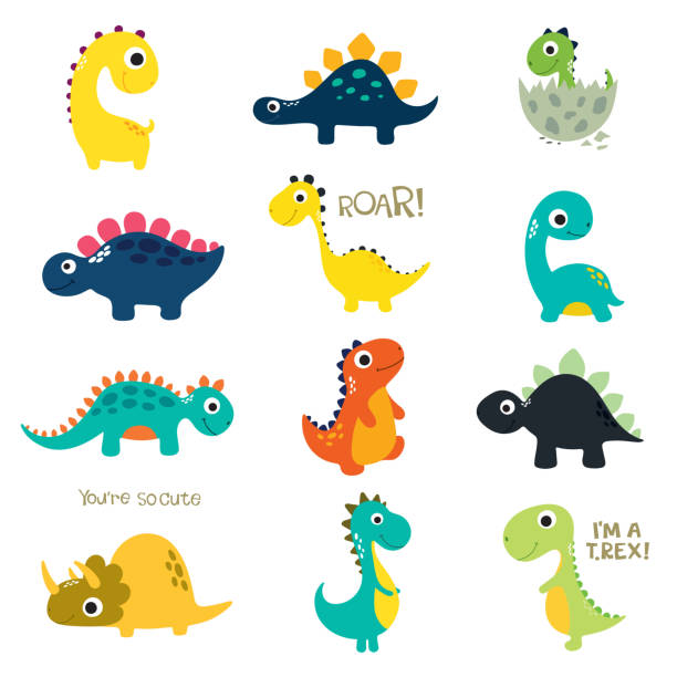 ilustraciones, imágenes clip art, dibujos animados e iconos de stock de conjunto de dinos lindo poco - dinosaurio