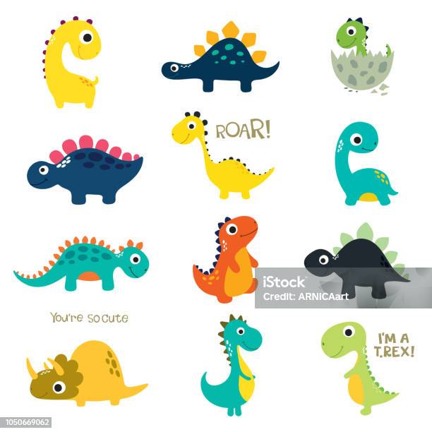 Set Of Little Cute Dinos Stock Illustration - Download Image Now - Dinosaur, Cute, Cartoon