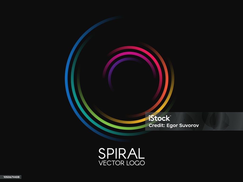 Logo de la spirale. Conception logotype rond. Tourbillon de couleur sur fond noir. Concept de forme dynamique. Élément coloré abstrait. Logo de Creative. Illustration vectorielle - clipart vectoriel de Logo libre de droits