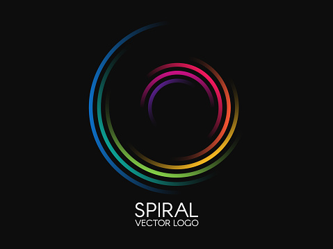 Spiral logo. Round logotype design. Color swirl on black background. Dynamic shape concept. Abstract colorful element. Creative logo. Vector illustration.