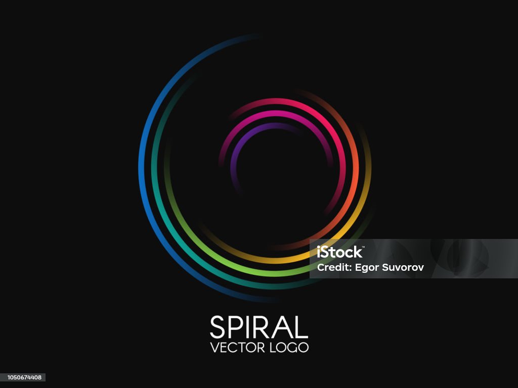 Spiral logo. Round logotype design. Color swirl on black background. Dynamic shape concept. Abstract colorful element. Creative logo. Vector illustration Spiral logo. Round logotype design. Color swirl on black background. Dynamic shape concept. Abstract colorful element. Creative logo. Vector illustration. Logo stock vector