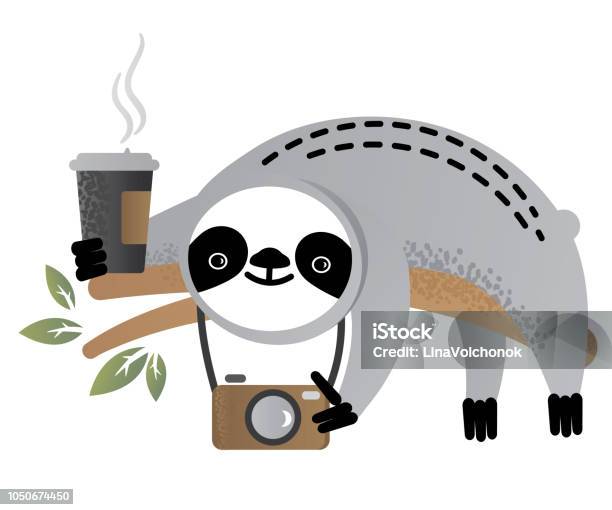Cute Vector Sloth Bear Animal With A Cup Of Coffee And A Camera Stock Illustration - Download Image Now