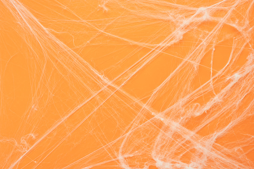 Table top view aerial image of decoration Happy Halloween day background concept.Flat lay accessories essential object to backdrop the white cobweb spider on orange paper.Space for creative design.