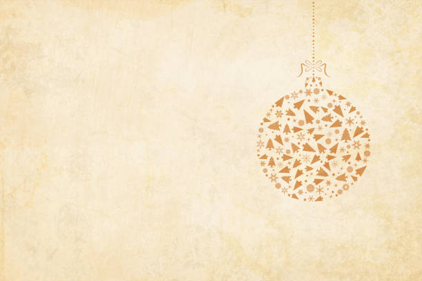 illustrations, cliparts, dessins animés et icônes de fond de vecteur de noël. papier vintage beige avec une boule de noël suspendu vers la droite dans le cadre. la boule est suspendue à un ruban noué dans un arc sur le dessus. - parchment marbled effect paper backgrounds