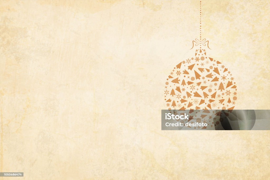 Vector Xmas background. Beige vintage paper with a suspended christmas bauble to the right in the frame. The bauble is hanging by a ribbon tied into a bow on the top. Grunge Vector Xmas background illustration. Vector Xmas background. Beige vintage paper with a suspended christmas bauble to the right in the frame. The bauble is hanging by a ribbon tied into a bow on the top. The bauble is made up  of christmas decoration items like X'Mas tree, snowflakes, balls, cones.  Ample copy space. Apt Christmas light coloured background in neutral earthy tone. Can also be used in gift wrapping sheets. Christmas stock vector