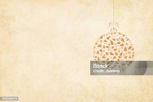 Vector Xmas Background Beige Vintage Paper With A Suspended Christmas Bauble To The Right In The Frame The Bauble Is Hanging By A Ribbon Tied Into A Bow On The Top Stock Illustration - Download Image Now