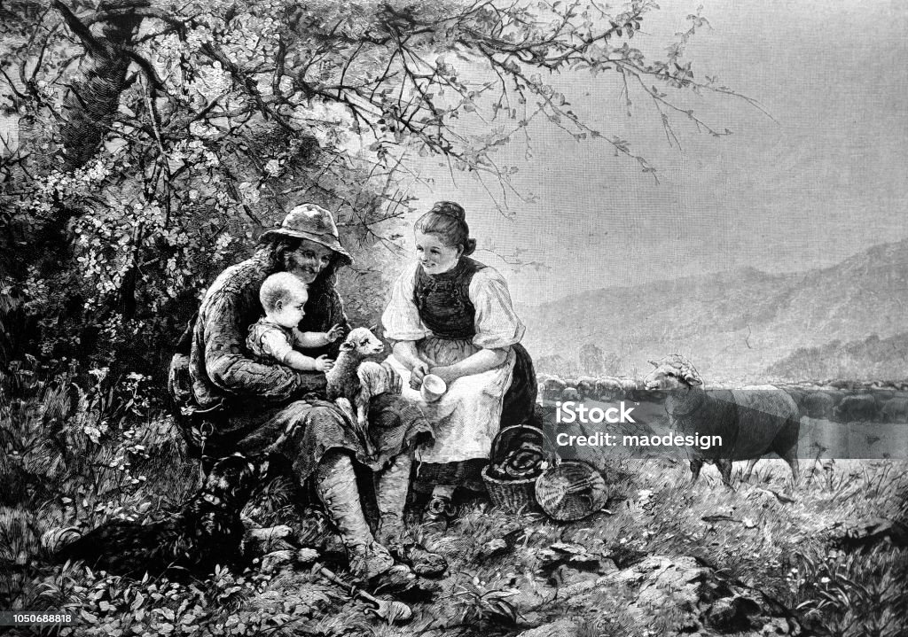 Young shepherd's family with a baby and sheep sit on a meadow - 1888 19th Century stock illustration