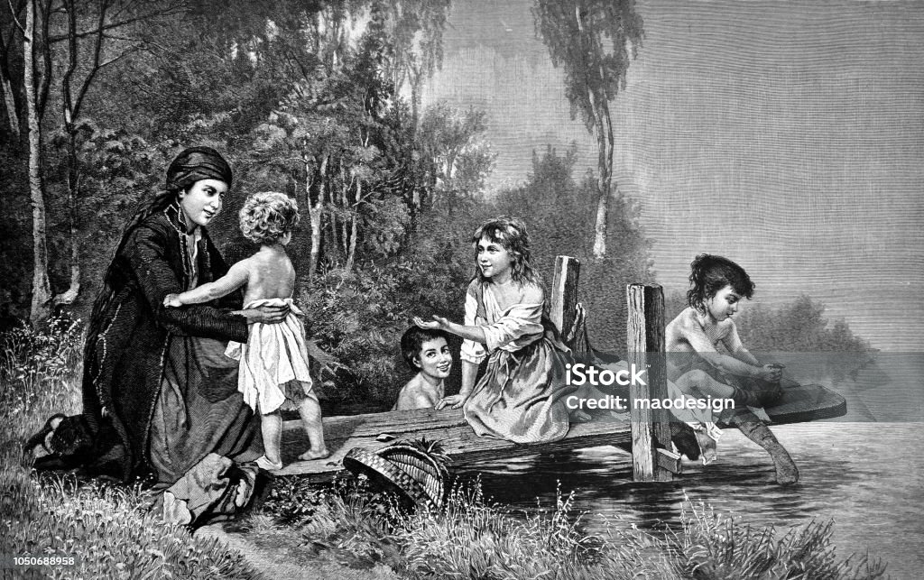 Gypsy mother plays with her children on the lake - 1888 Book stock illustration