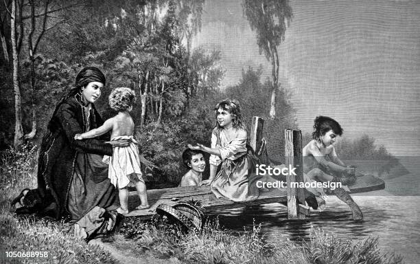 Gypsy Mother Plays With Her Children On The Lake 1888 Stock Illustration - Download Image Now