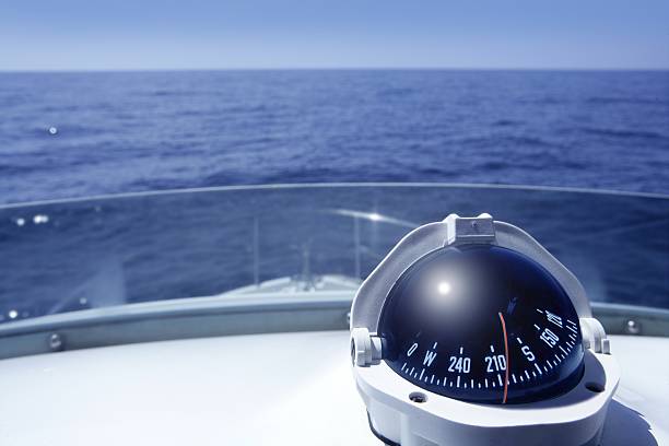 Compass on a yacht boat tower in blue summer sea ocean day