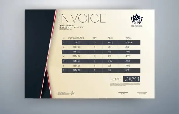 Vector illustration of invoice vector template design in red theme. Invoice template. Quotation table paper  for bookkeeping services. Vector document bookkeeping budget accounting.