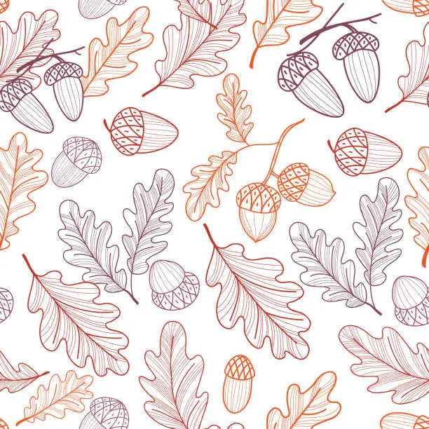 Vector illustration of Seamless pattern of oak leaves and acorns. Autumn line drawing. Vector