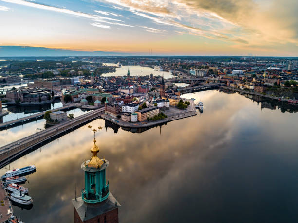 Aerial view over Riddarholmen in Stockholm Aerial view over Riddarholmen in Stockholm. Town Hall in the foreground. stockholm stock pictures, royalty-free photos & images