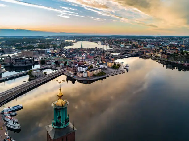 Aerial view over Riddarholmen in Stockholm. Town Hall in the foreground.