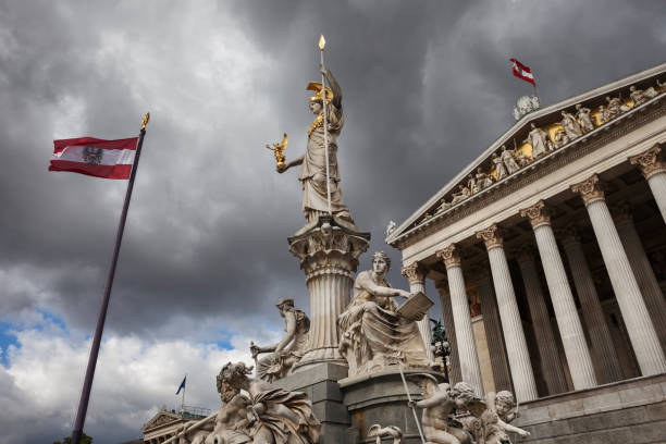 Austria, city of Vienna, Greek Goddess Athena statue - Pallas Athene Fountain in front of Austrian Parliament Building
