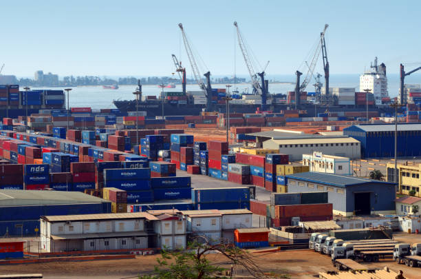 port of luanda container terminal with ship unloading, angola - baia de luanda imagens e fotografias de stock