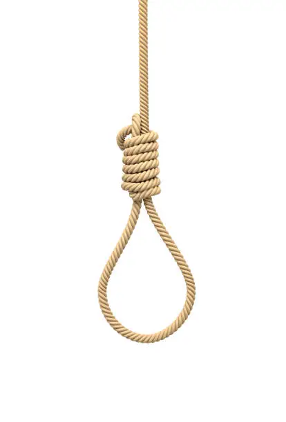 3d rendering of a hangman's noose made of natural beige rope hanging on a white background. Destiny and fate. Caught by circumstances. Tying hangman's knot.