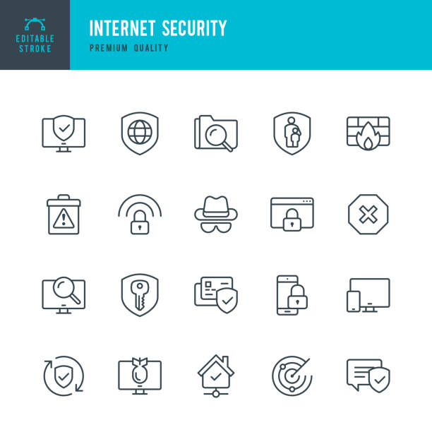 인터넷 보안-얇은 라인 벡터 아이콘 세트 - network security antivirus software security computer stock illustrations