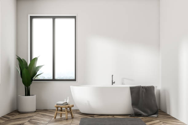 istock White bathtub minimalistic white bathroom, plant 1050709910